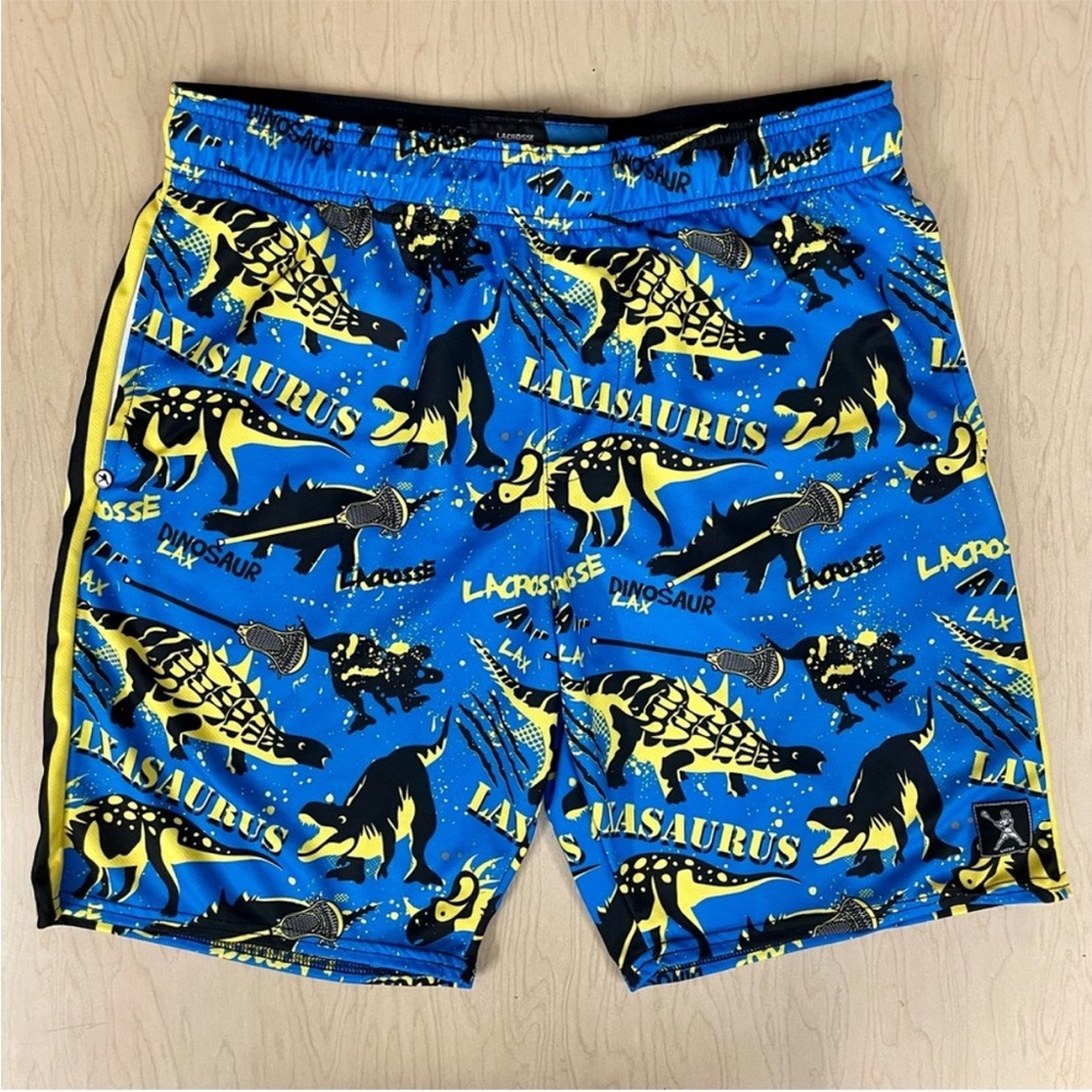 Lacrosse Unlimited Shorts Mens Medium Laxasaurus Dinosaurs Lax Blue Yellow Black